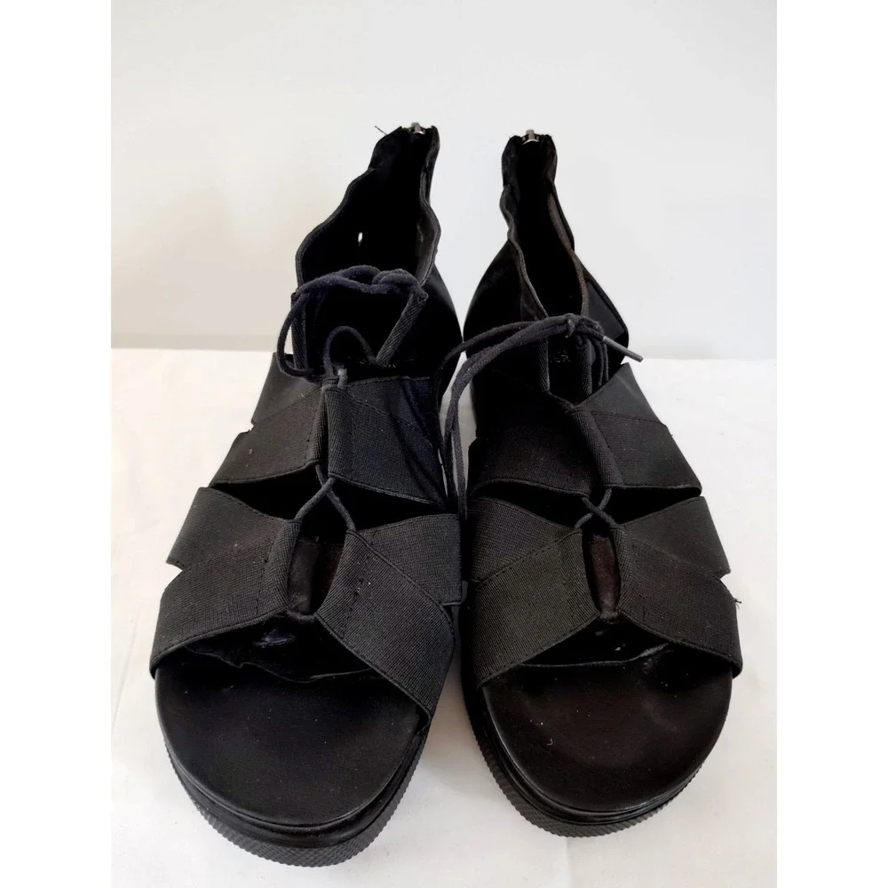 Eileen Fisher Dibs Link Lace-Up Sandal Black Stretch Wedge Gladiator Zip Back 11
